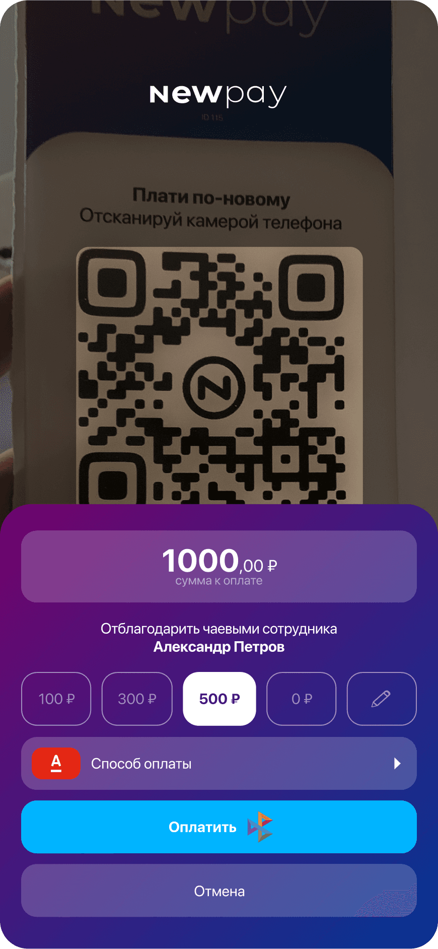 Newpay QR payment screen with a selected amount.