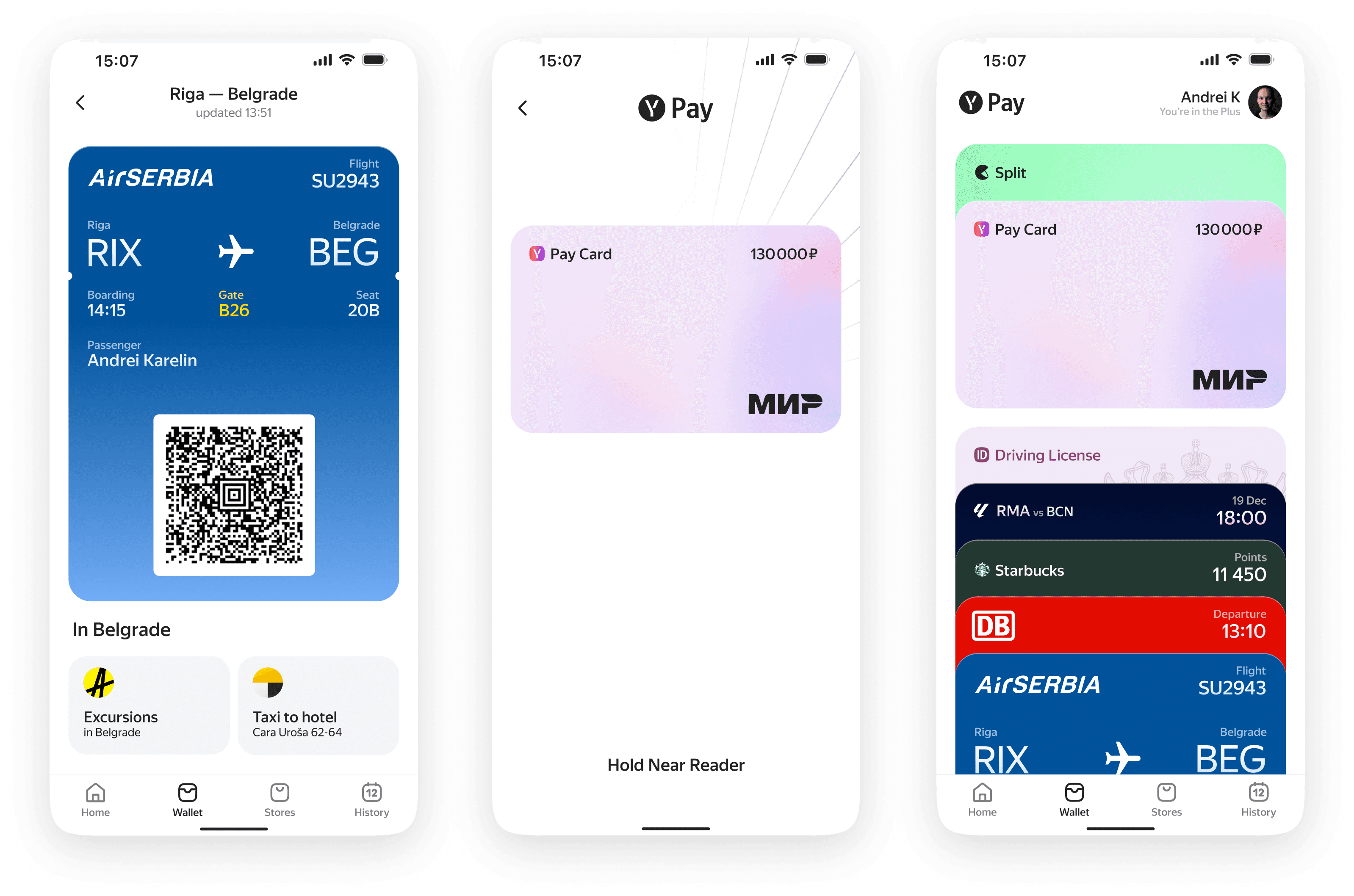 Yandex Pay Wallet with a boarding pass, a contactless payment card and a stack of passes.