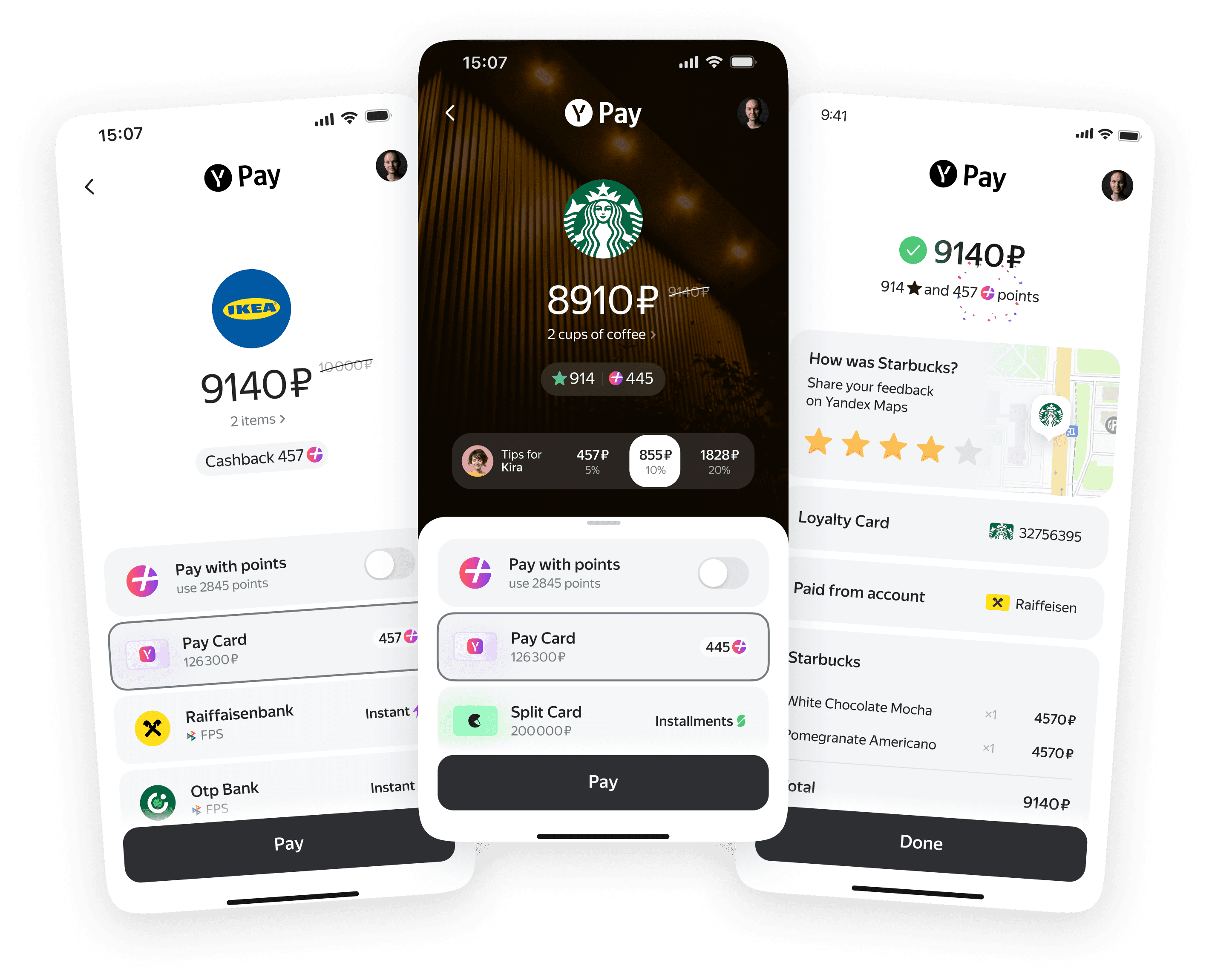 Three Yandex Pay payment screens for IKEA, Starbucks and a completed payment.